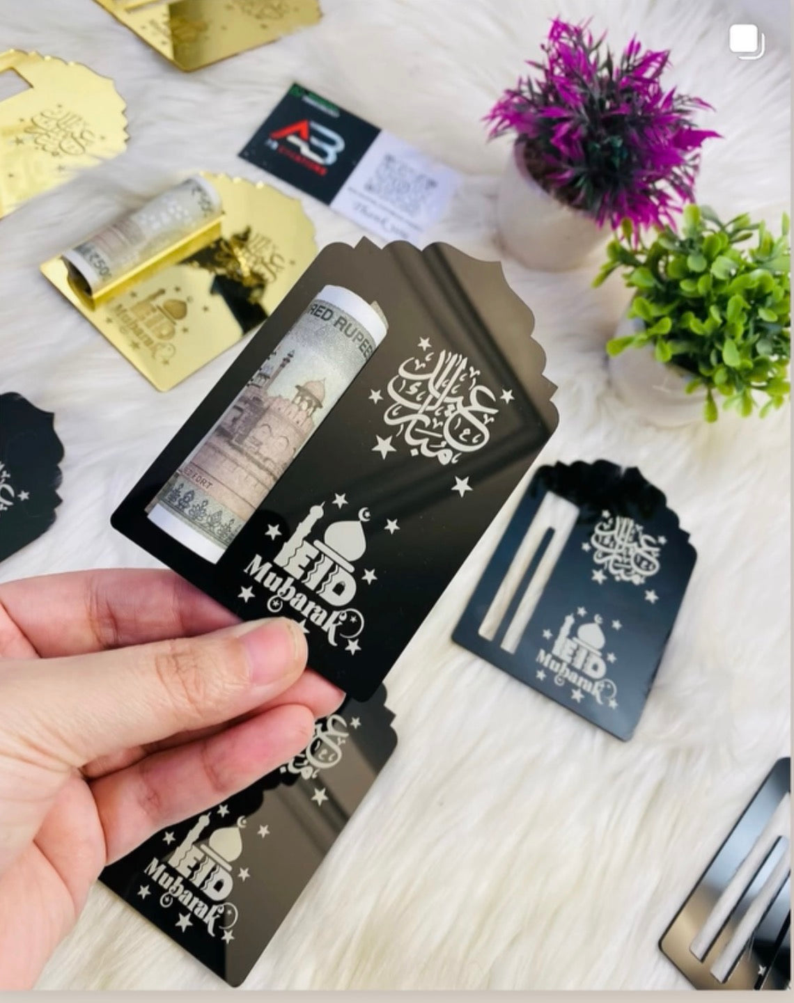 Acrylic eid card gold black pack of 10 piece